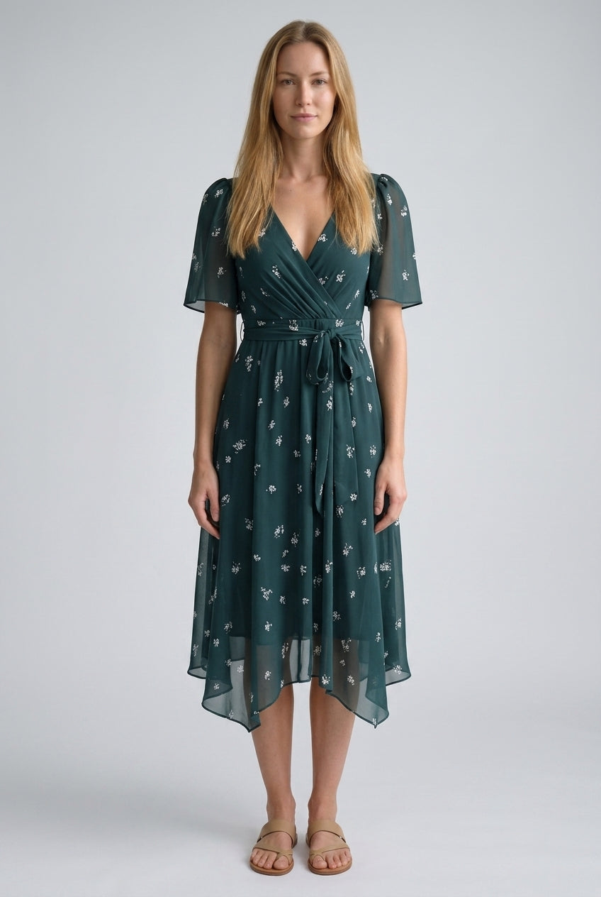 Elegant Printed Dress for Women, Short Sleeve V-Neck Asymmetrical Hem Lightweight, for Weddings, Vacations & Everyday We