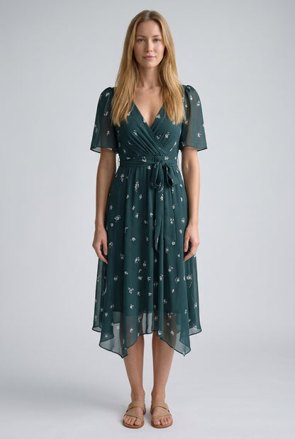 Elegant Printed Dress for Women, Short Sleeve V-Neck Asymmetrical Hem Lightweight, for Weddings, Vacations & Everyday We