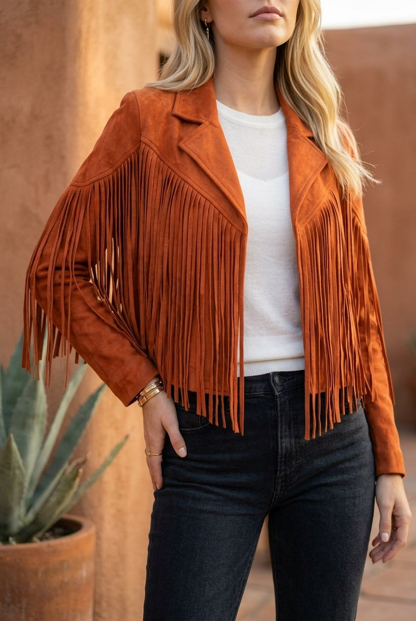 Evelyn | Women's Fringe Suede Cropped Moto Jacket