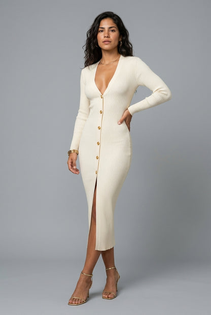 Mia | Deep V-Neck Knit Midi Dress