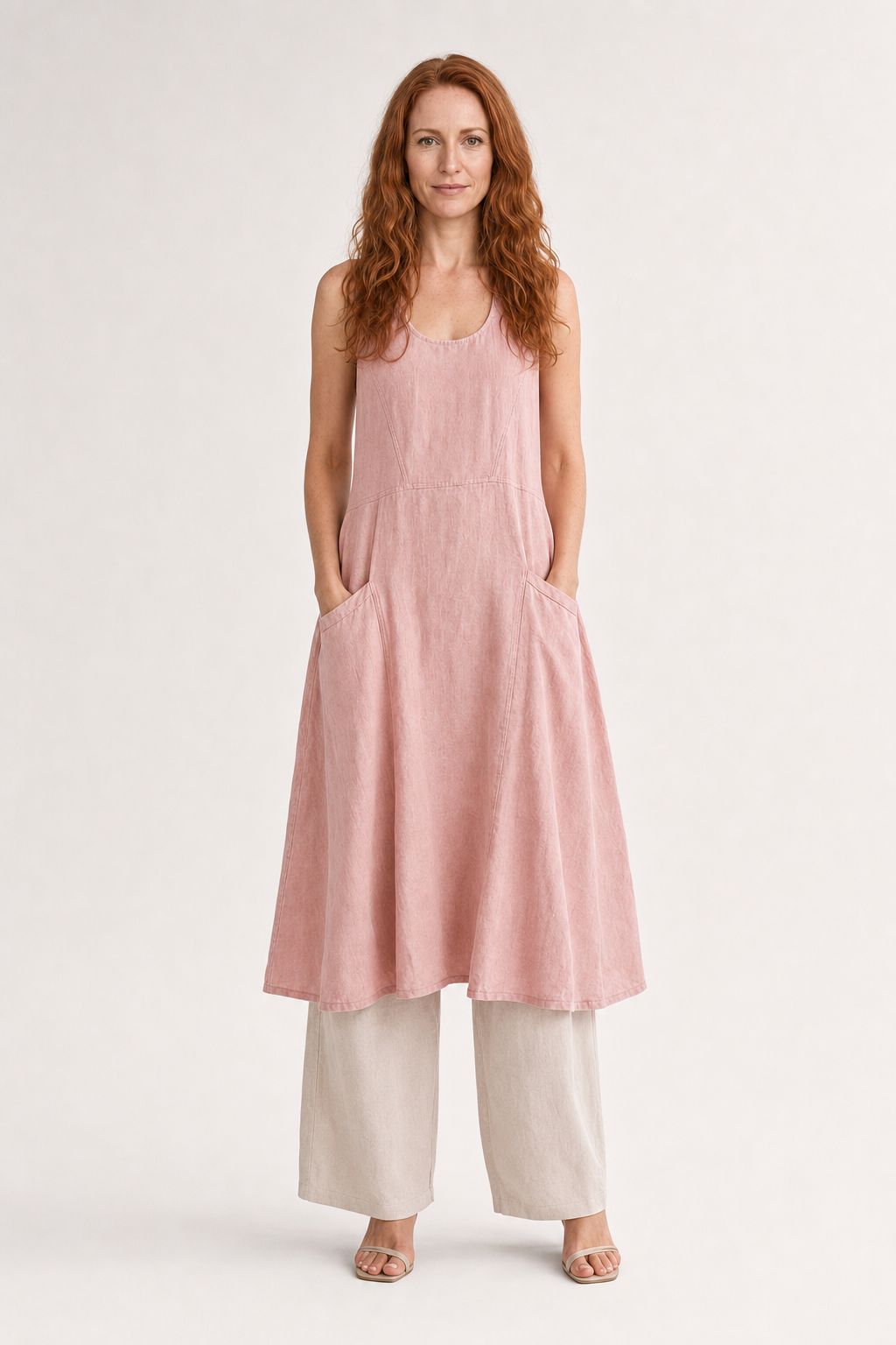 Elia | Women's Linen Sleeveless Pocket Scoop-Neck Midi Dress