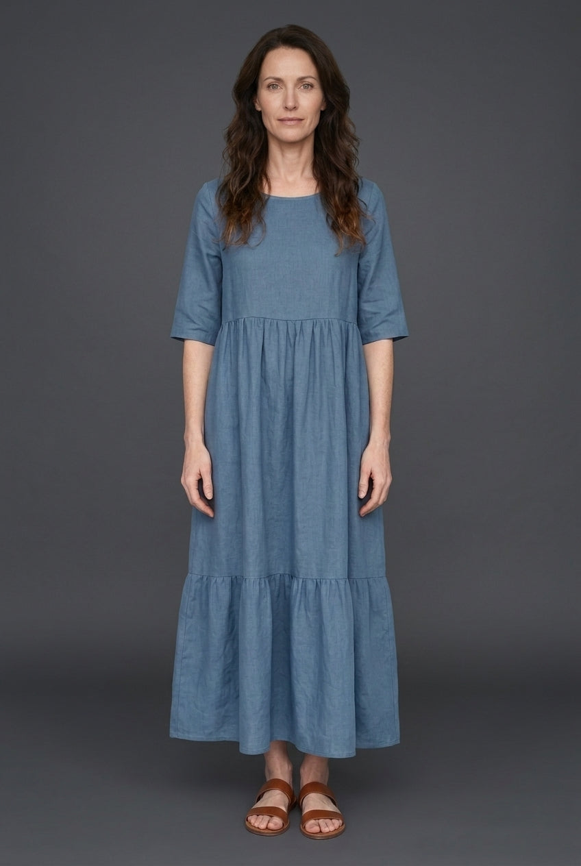 Classic Mid Sleeve Dress for Women, Cotton Relaxed Round Neckline with Pockets, for Spring, Summer & Everyday Wear