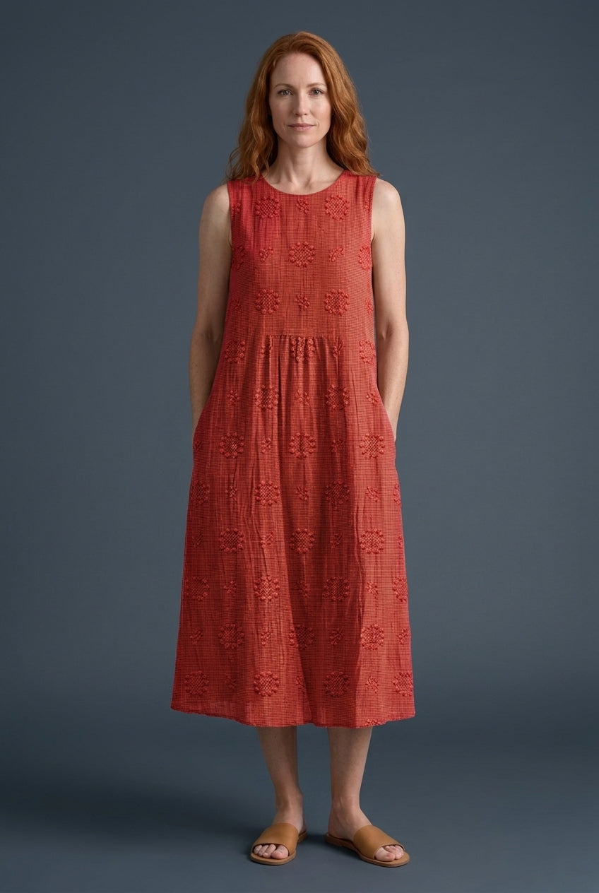 Elegant Midi Dress for Women, Lightweight Breathable Embroidered Sleeveless with Hidden Pockets, for Beach, Garden, Casu