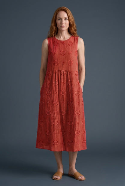 Elegant Midi Dress for Women, Lightweight Breathable Embroidered Sleeveless with Hidden Pockets, for Beach, Garden, Casu