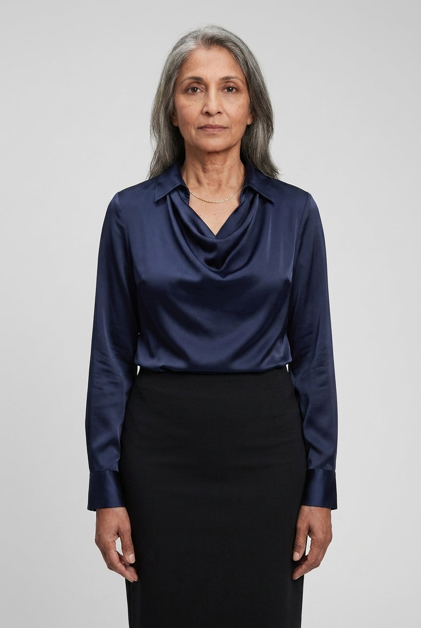 Elegant Satin Blouse for Women, Soft Drape Neckline Feminine Cut, for Work, Dinner, Evening & Everyday Wear