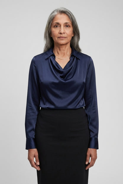 Elegant Satin Blouse for Women, Soft Drape Neckline Feminine Cut, for Work, Dinner, Evening & Everyday Wear