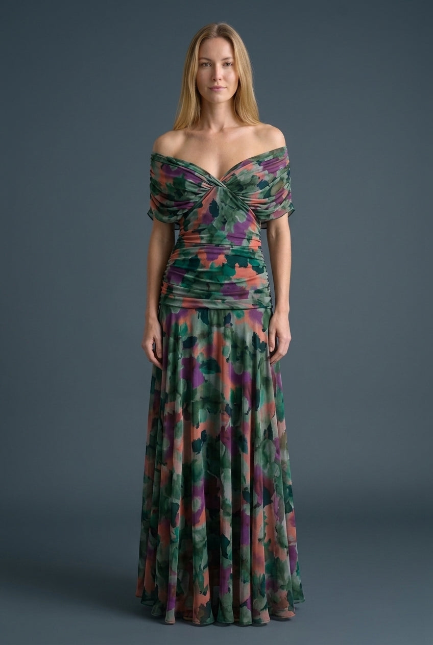 Elegant V-Neck Party Maxi Dress for Women, Pleated Waist Flowing Gradient, for Special Events, Weddings & Evening Wear