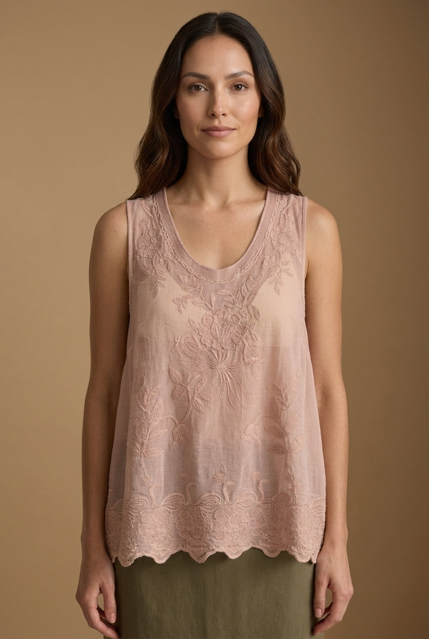 Embroidered Tank Top for Women, Sleeveless Round Neck Polyester Spandex Relaxed Fit Scalloped Hem, for Summer, Casual & 