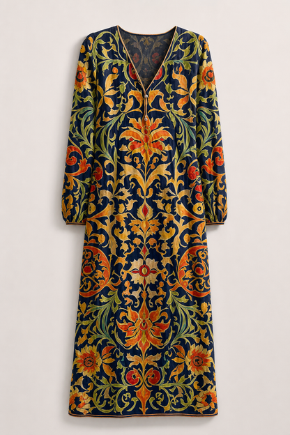 Amia | Women's Navy Cotton Boho Baroque Scroll V-Neck Midi Dress