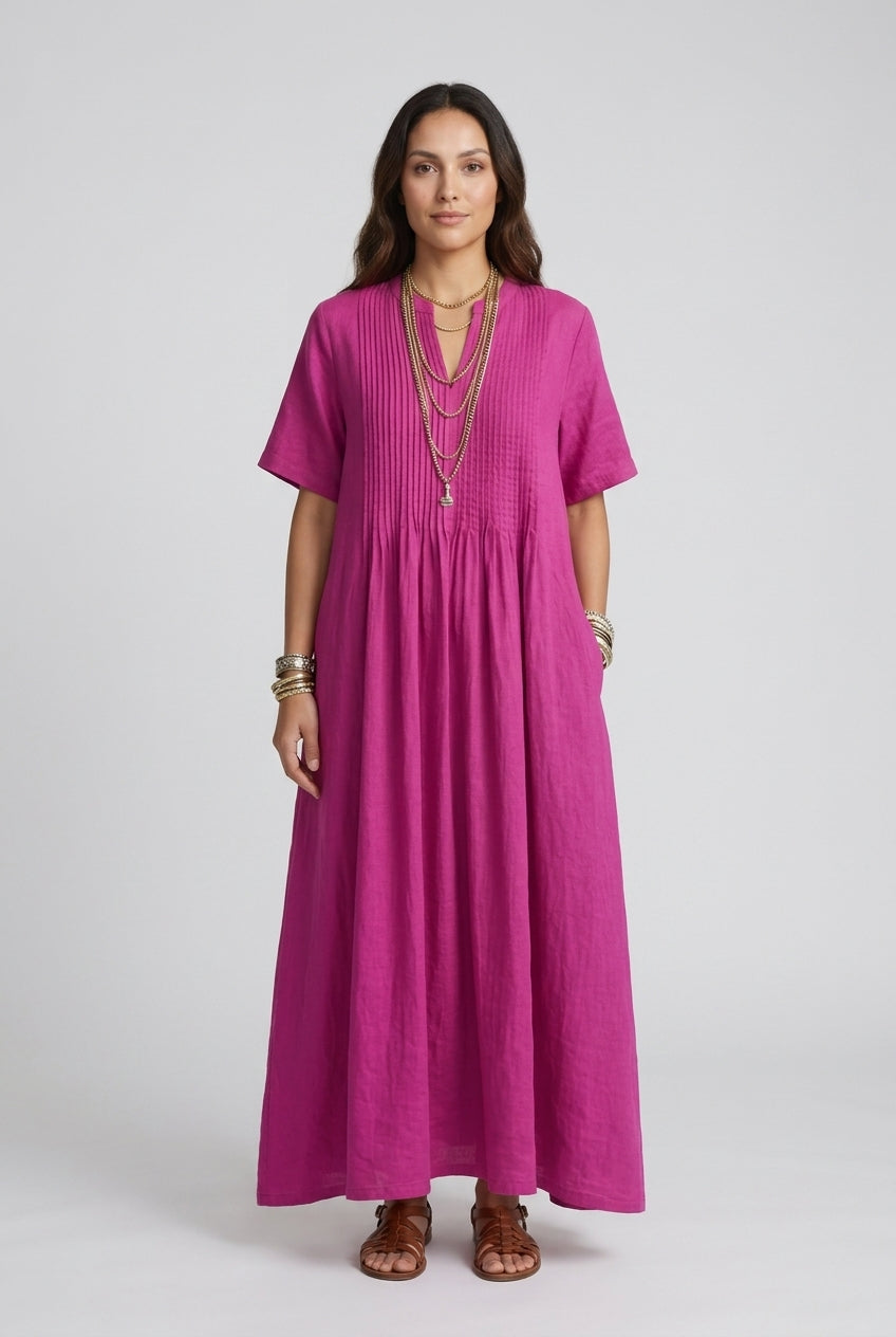 Elegant Maxi Dress for Women, Soft Linen V-Neck Relaxed Pleated, for Summer, Vacation, Brunch & Everyday Wear