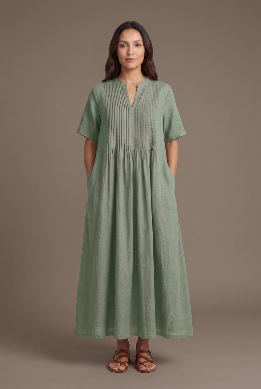 Elegant V-Neck Midi Dress for Women, Pleated Mid-Sleeve Flowing Silhouette, for Summer, Dinners, Celebrations & Everyday
