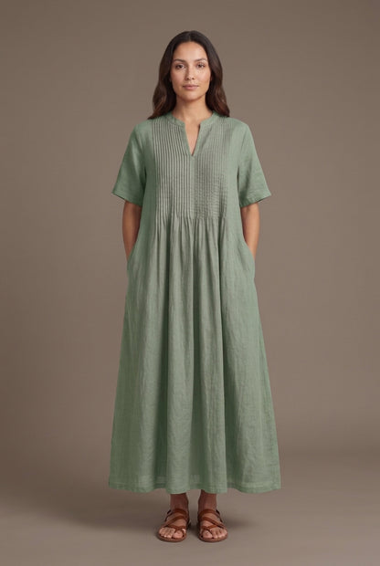 Elegant V-Neck Midi Dress for Women, Pleated Mid-Sleeve Flowing Silhouette, for Summer, Dinners, Celebrations & Everyday
