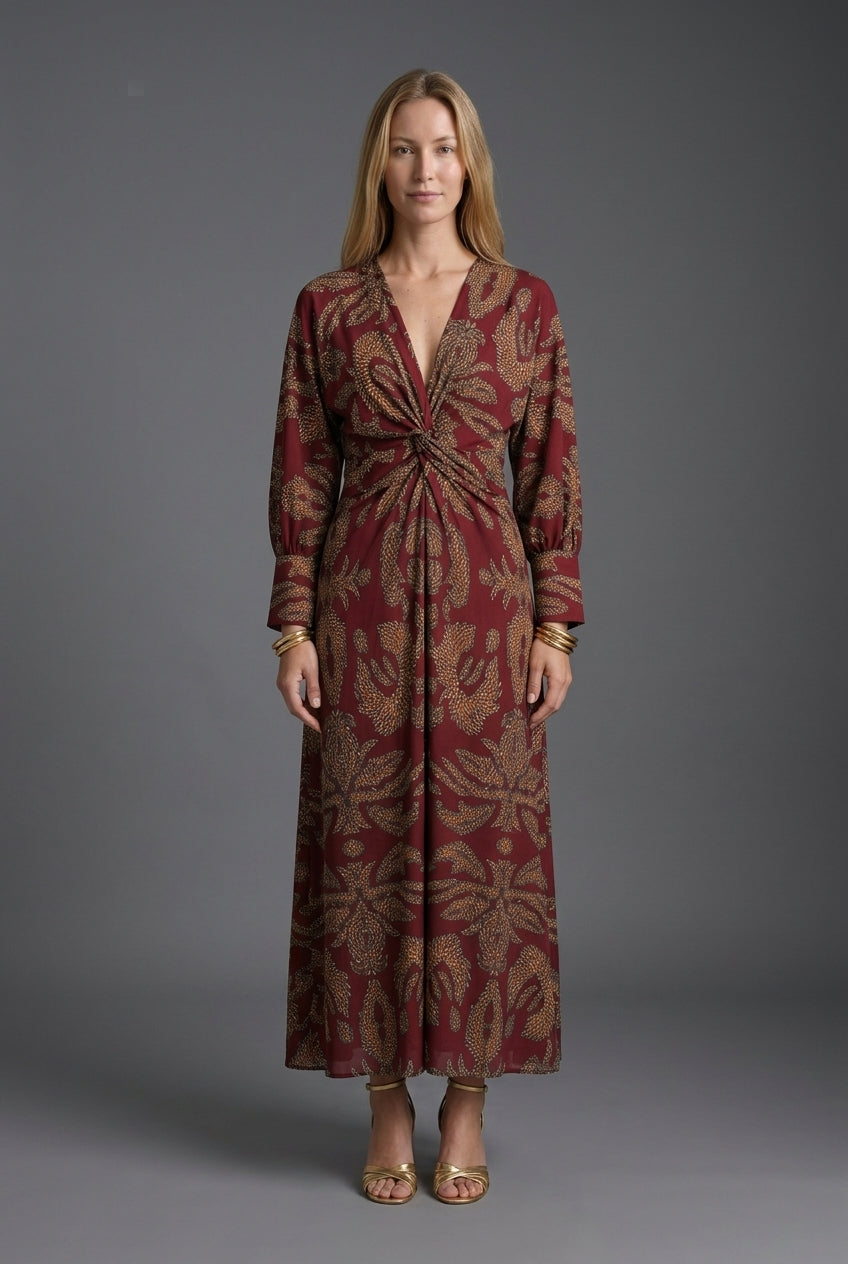 Elegant V-Neck A-Line Maxi Dress for Women, Statement Print Long-Sleeve with Front Knot, for Weddings, Cocktail Parties 