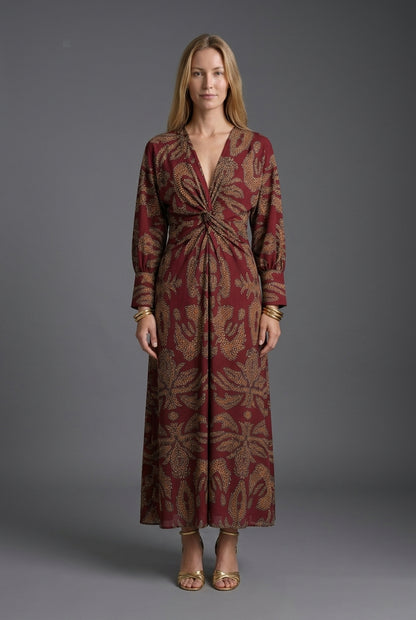 Elegant V-Neck A-Line Maxi Dress for Women, Statement Print Long-Sleeve with Front Knot, for Weddings, Cocktail Parties 