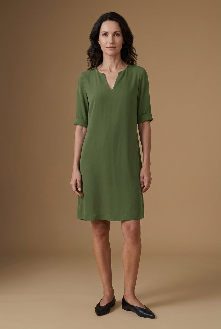 Elegant A-Line Dress for Women, V-Neck Mid-Sleeve Silk-Chiffon Blend, for Work, Casual, Special Occasions & Everyday Wea