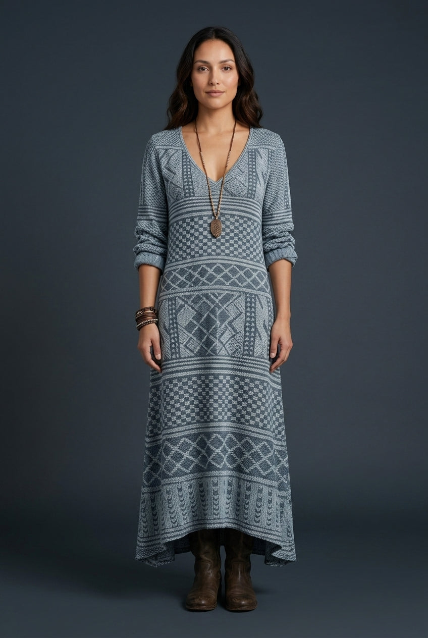 Vintage Long Sleeve Dress for Women, Cotton Blend V-Neck Relaxed Fit Flowing, for Casual, Spring, Summer & Everyday Wear