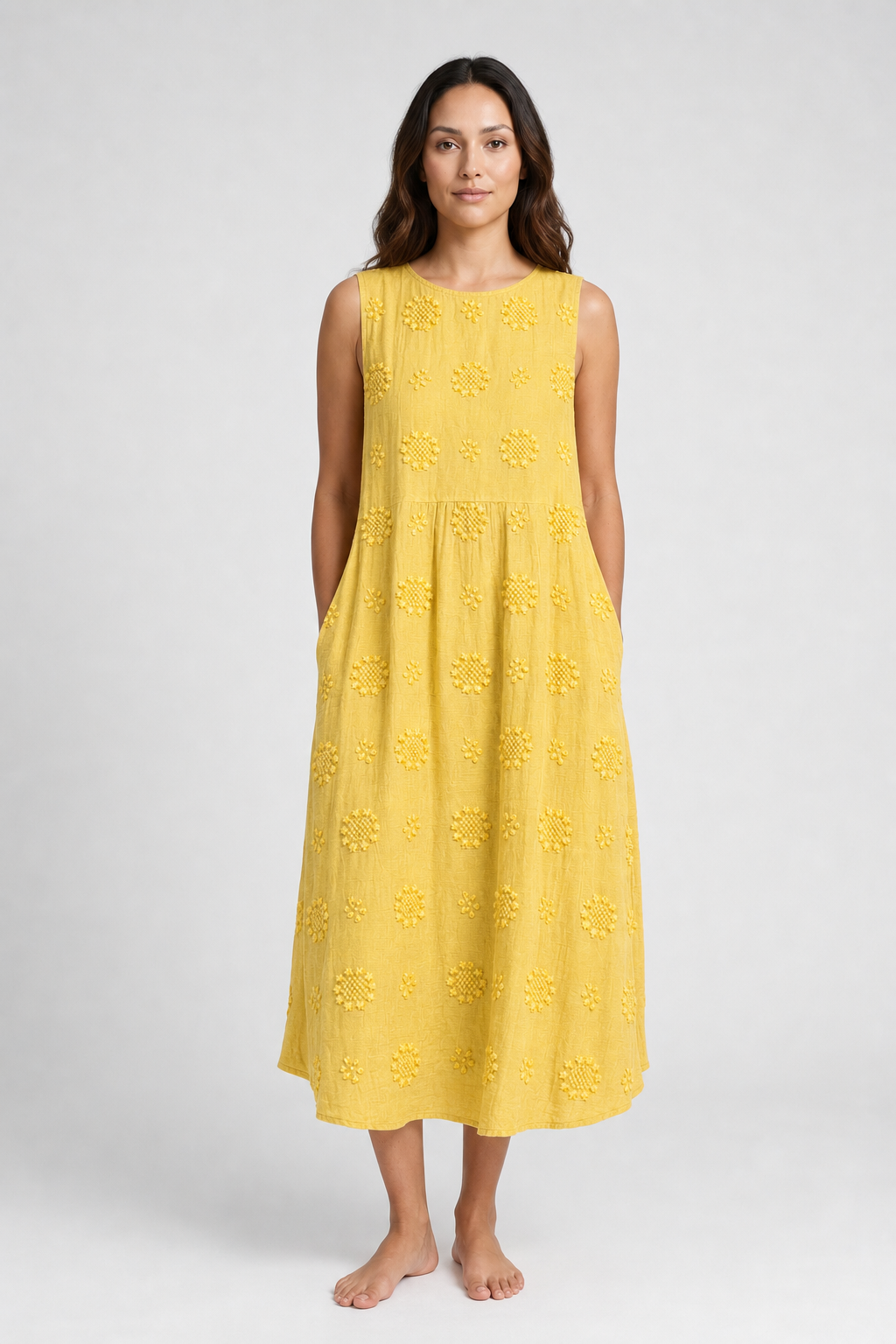 Lena | Women's Cotton Embroidered Sleeveless Midi Dress