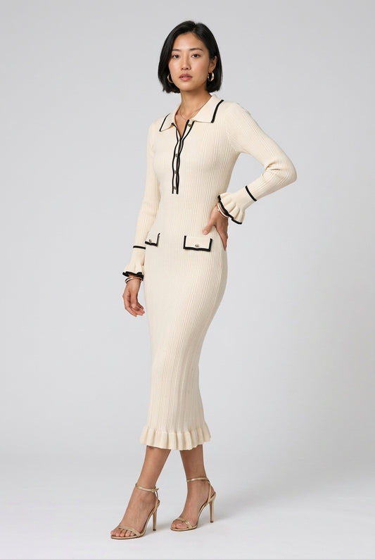 Noë | Ribbed Knit Collared Midi Dress