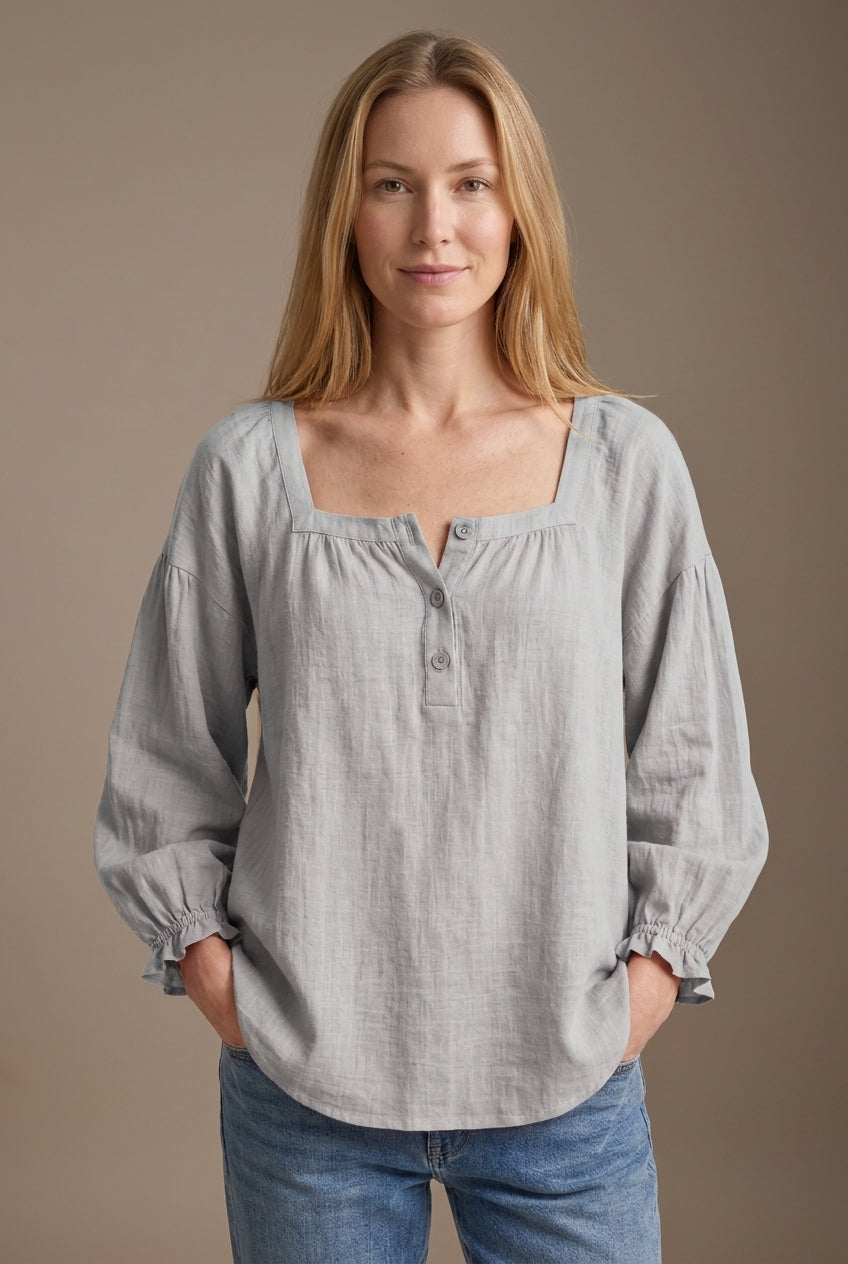 Relaxed Puff Sleeve Blouse for Women, Square Neckline Button-Front Long Sleeve, for Work, Casual, Everyday & Brunch