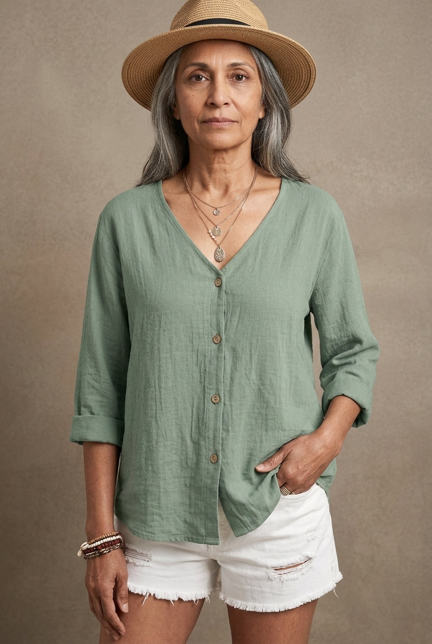 Casual Relaxed Button-Up Blouse for Women, V-Neck Roll Sleeve, for Everyday, Brunch, Weekend & Casual Wear