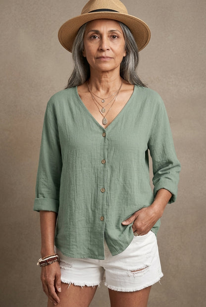 Casual Relaxed Button-Up Blouse for Women, V-Neck Roll Sleeve, for Everyday, Brunch, Weekend & Casual Wear