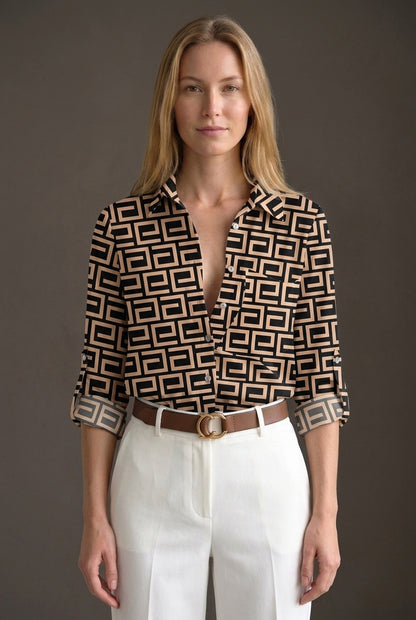 Classic Collared Printed Blouse for Women, Soft Breathable Long-Sleeve, for Work, Office, Casual & Everyday Wear