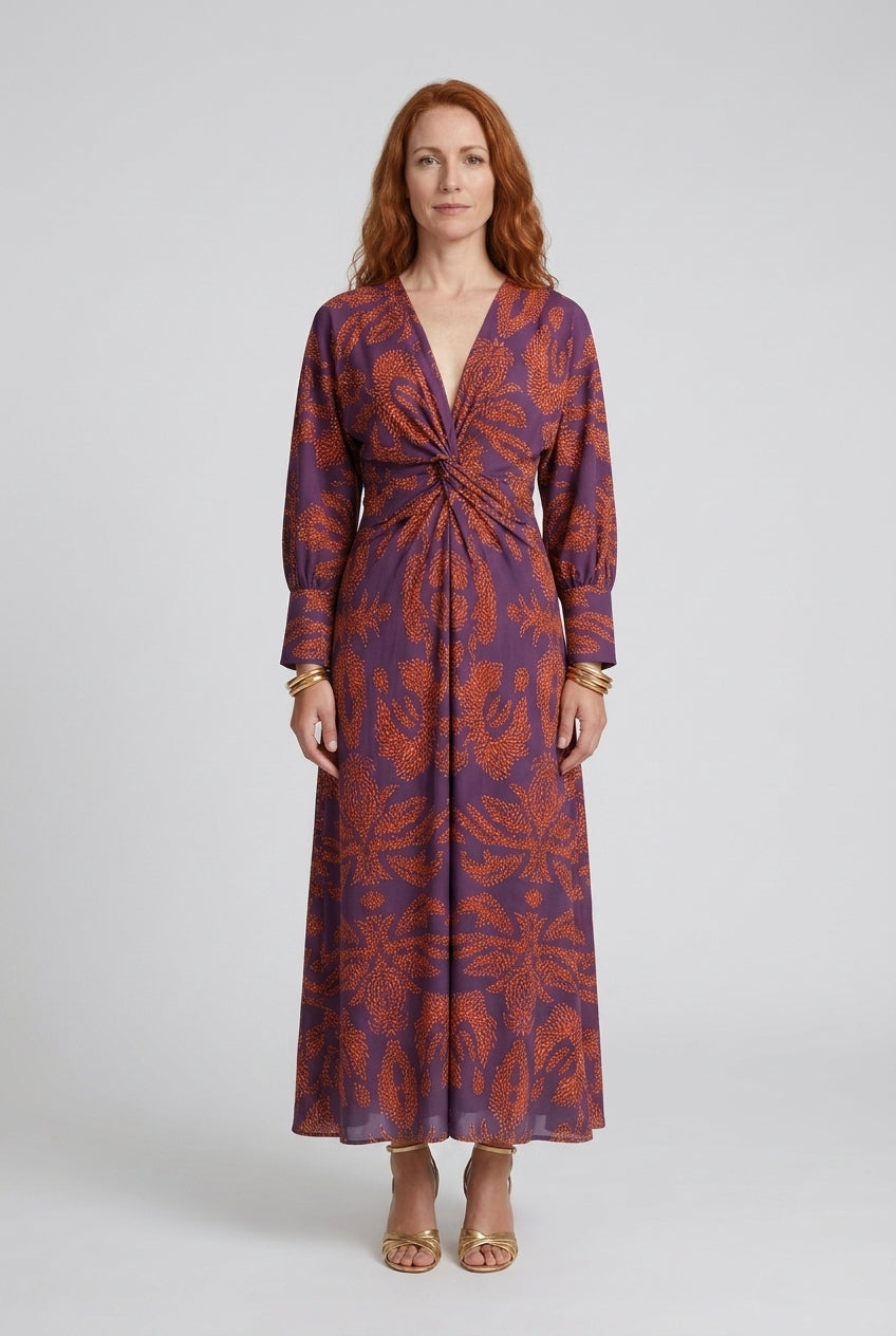 Elegant V-Neck A-Line Maxi Dress for Women, Statement Print Long-Sleeve with Front Knot, for Weddings, Cocktail Parties 