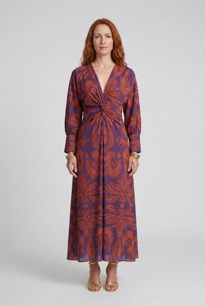 Elegant V-Neck A-Line Maxi Dress for Women, Statement Print Long-Sleeve with Front Knot, for Weddings, Cocktail Parties 