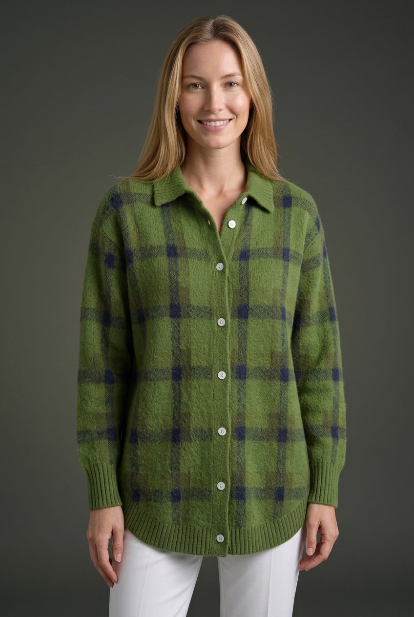 Elegant Checkered Cardigan for Women, Longline Button-Front Cozy Relaxed Fit, for Work, Casual, Everyday & Layering