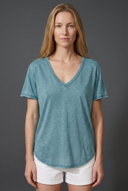 Relaxed V-Neck Short Sleeve Tee for Women, Rayon Polyester Breathable Plain, for Summer, Casual & Everyday Wear