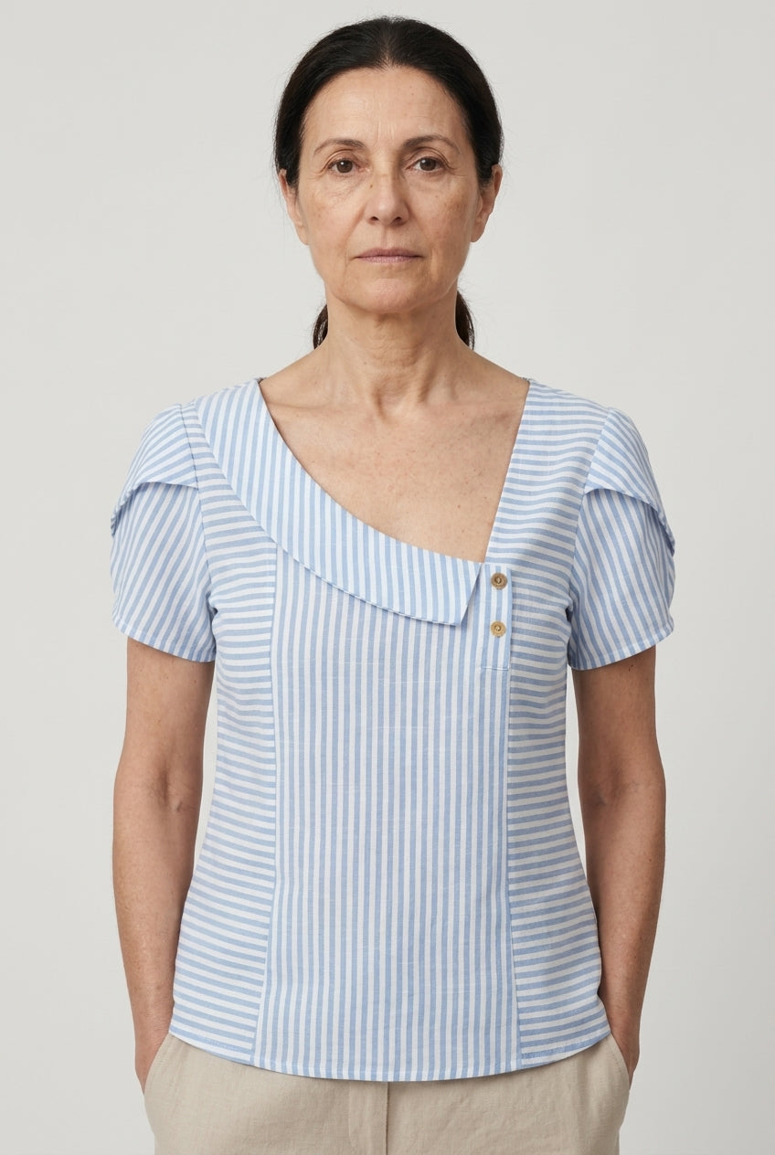 Striped Short Sleeve Blouse for Women, Diagonal Neckline Button Detail, for Work, Brunch, Summer & Everyday Wear