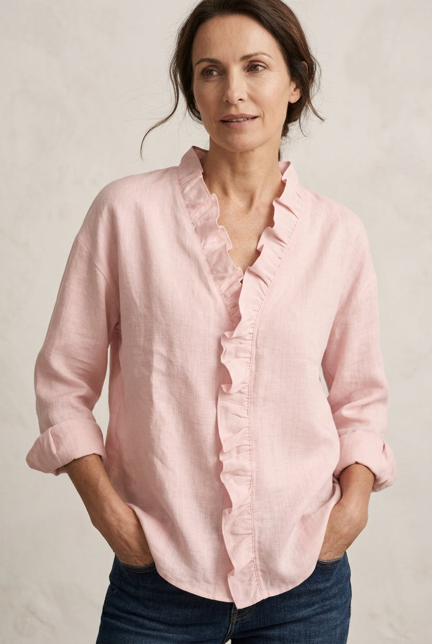 Elegant V-Neck Blouse for Women, Ruffled Long-Sleeve Lightweight, for Office, Brunch, Casual & Everyday Wear