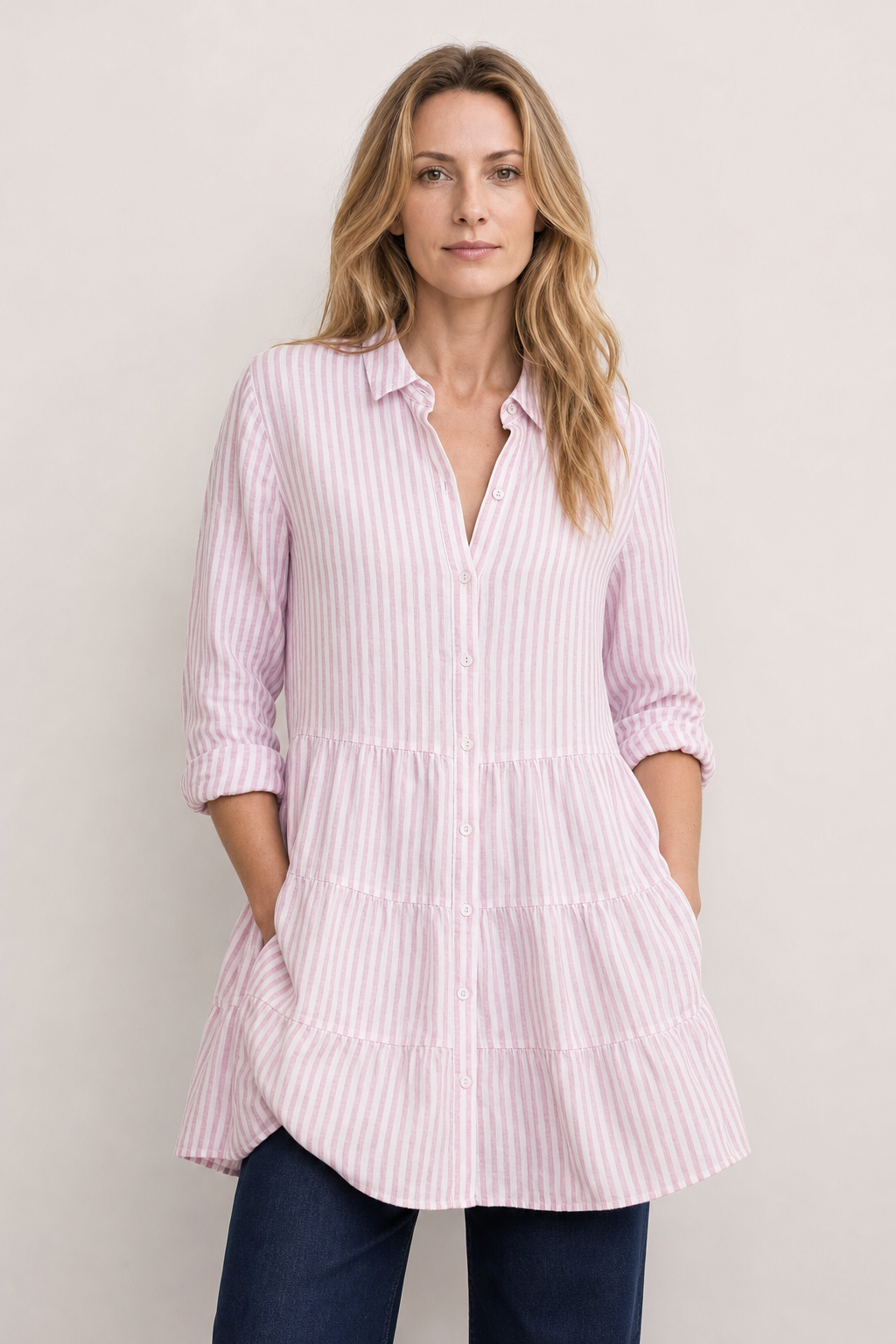 Mira | Women's Linen Striped Collared Tiered Button-Down Dress