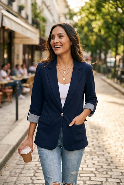 Enid | Women's Open Front Notch Lapel Striped Cuff Blazer Jacket