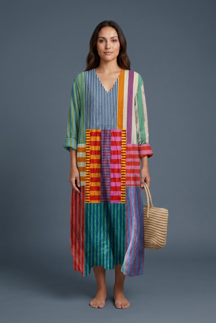 Geometric V-Neck Dress for Women, Soft Woven Relaxed Fit, for Summer, Vacation, Everyday & Brunch Wear