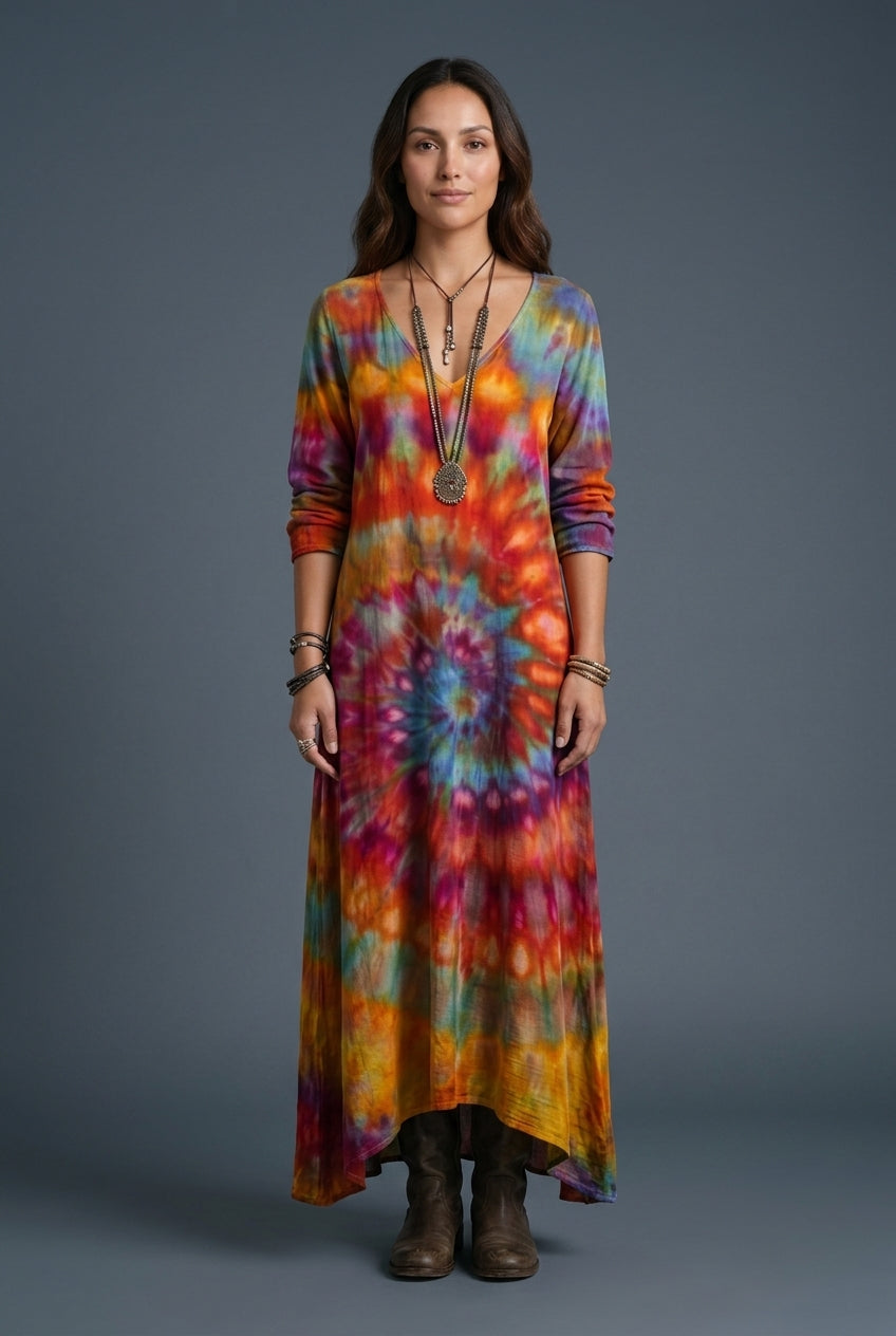 Vintage Long Sleeve Dress for Women, Cotton Blend V-Neck Relaxed Fit Flowing, for Casual, Spring, Summer & Everyday Wear