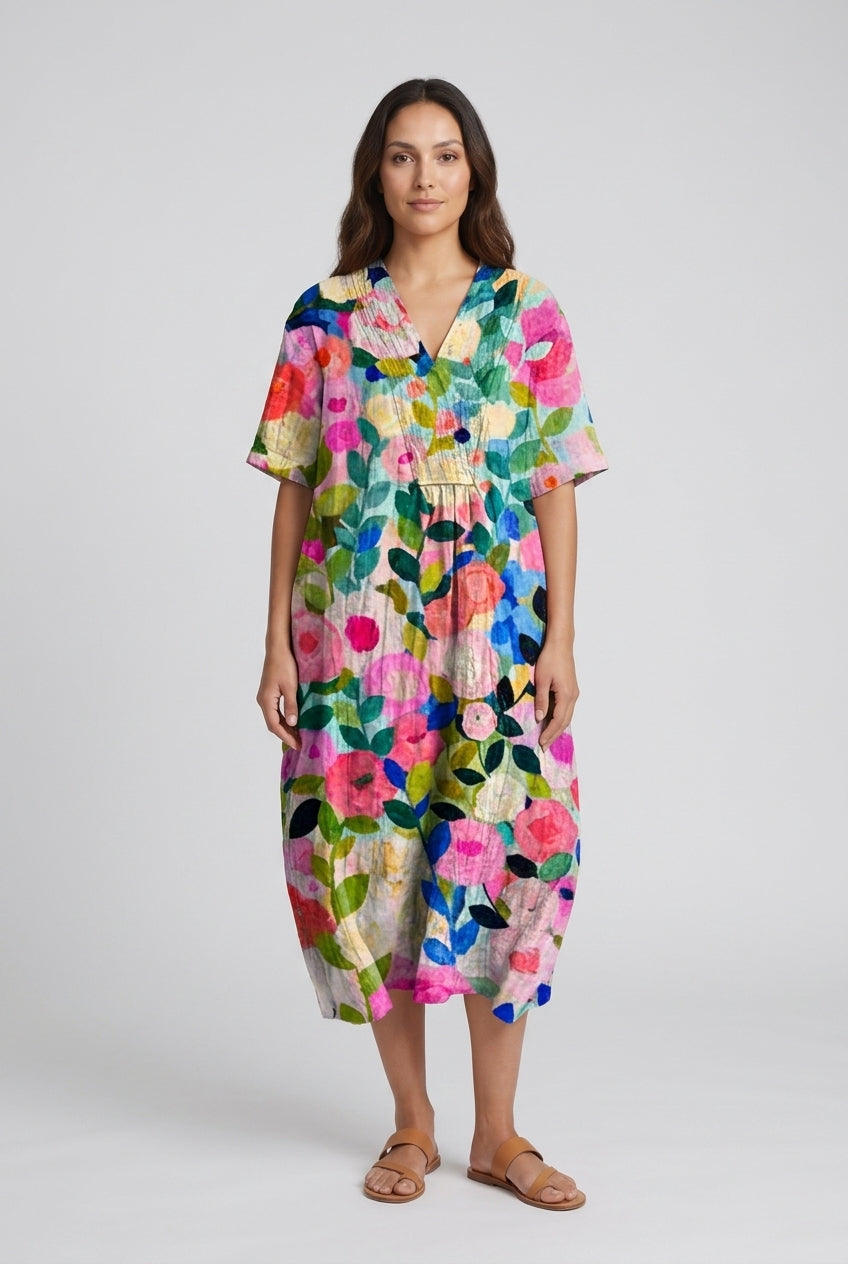 Vibrant Multicolour V-Neck Dress for Women, Lightweight Cotton-Linen Blend, for Summer, Casual & Party Wear