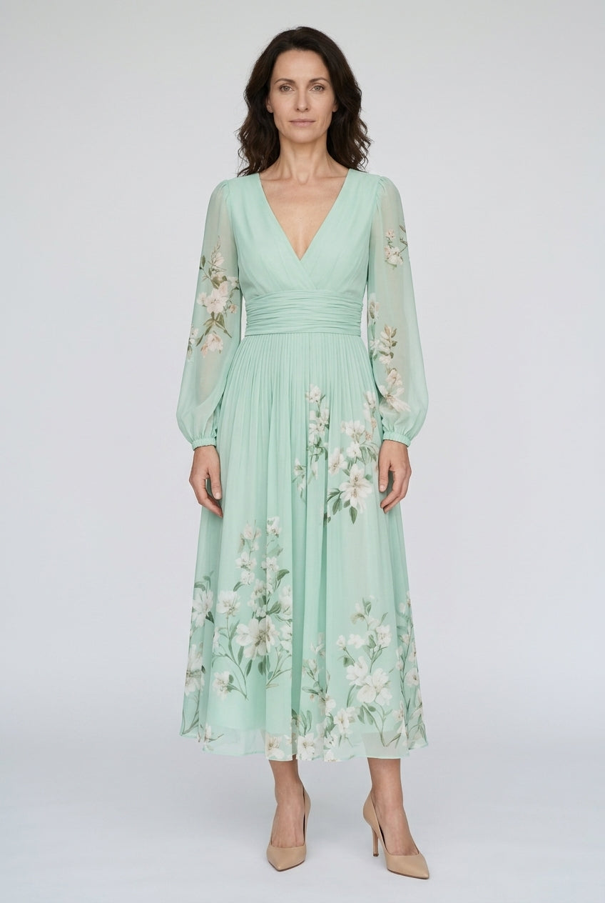Elegant V-Neck Chiffon Floral Midi Dress for Women, Lightweight A-Line Ruched Waist with Balloon Sleeves, for Wedding Gu