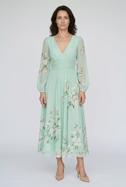 Elegant V-Neck Chiffon Floral Midi Dress for Women, Lightweight A-Line Ruched Waist with Balloon Sleeves, for Wedding Gu