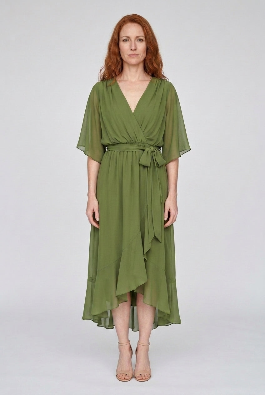 Elegant V-Neck Flowy Sleeve Dress for Women, Layered Textured Fringe Design, for Special Occasions, Dinners & Evening We