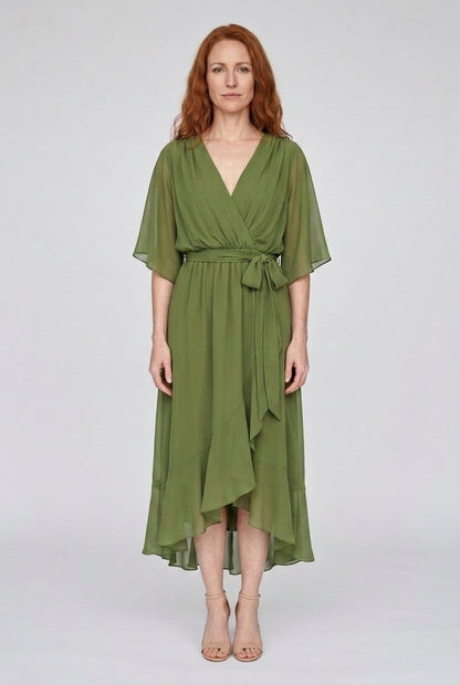 Elegant V-Neck Flowy Sleeve Dress for Women, Layered Textured Fringe Design, for Special Occasions, Dinners & Evening We
