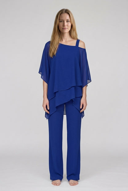 Elegant Two-Piece Layered Set for Women, Soft Flowing Lightweight Relaxed Silhouette Wide-Leg Pants, for Weddings, Dinne