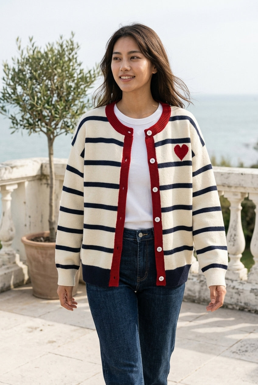 Drora | Striped Heart Pattern Cardigan