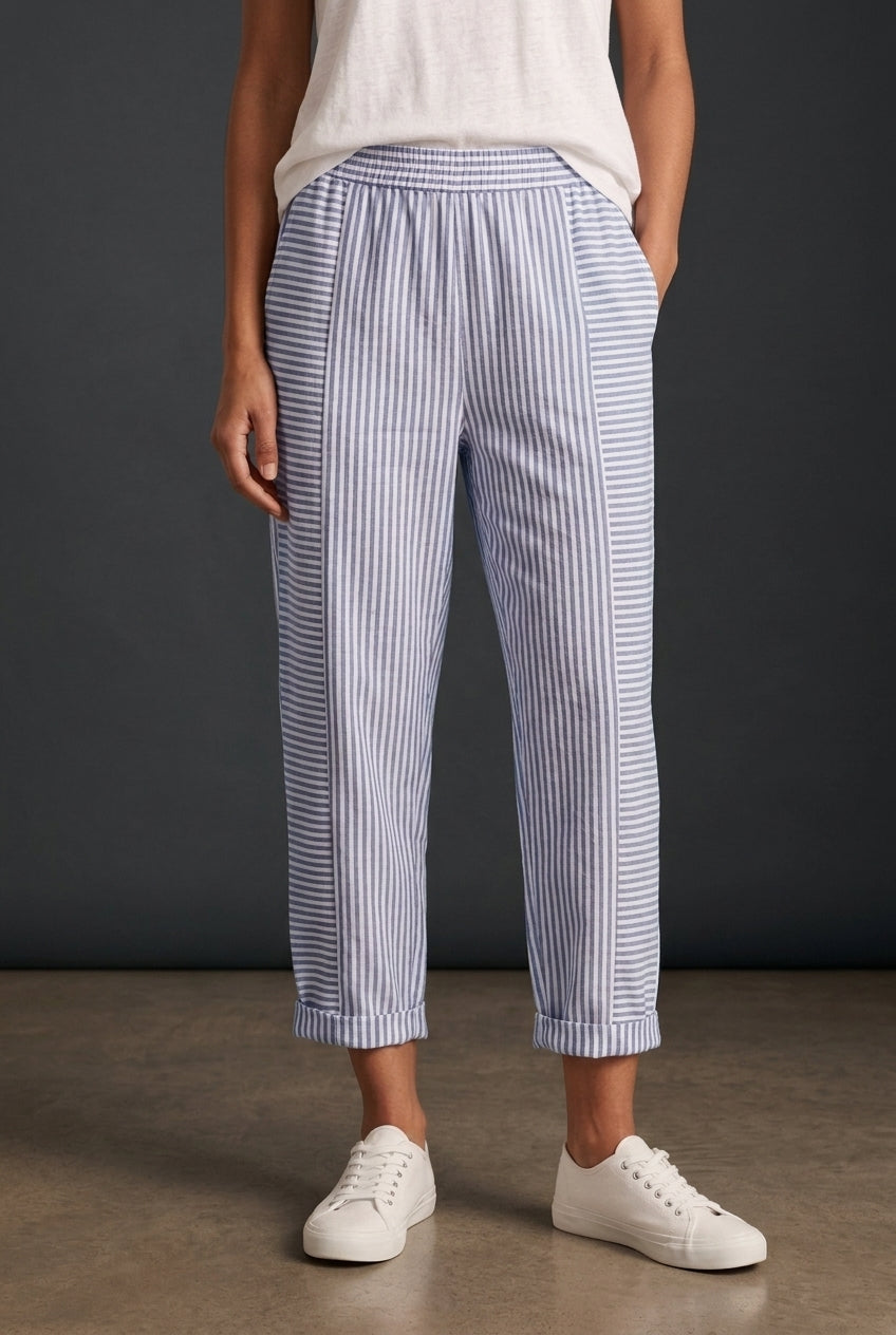Relaxed Striped Summer Pants for Women, Lightweight Breathable Tapered with Elastic Waistband, for Travel, Casual & Ever