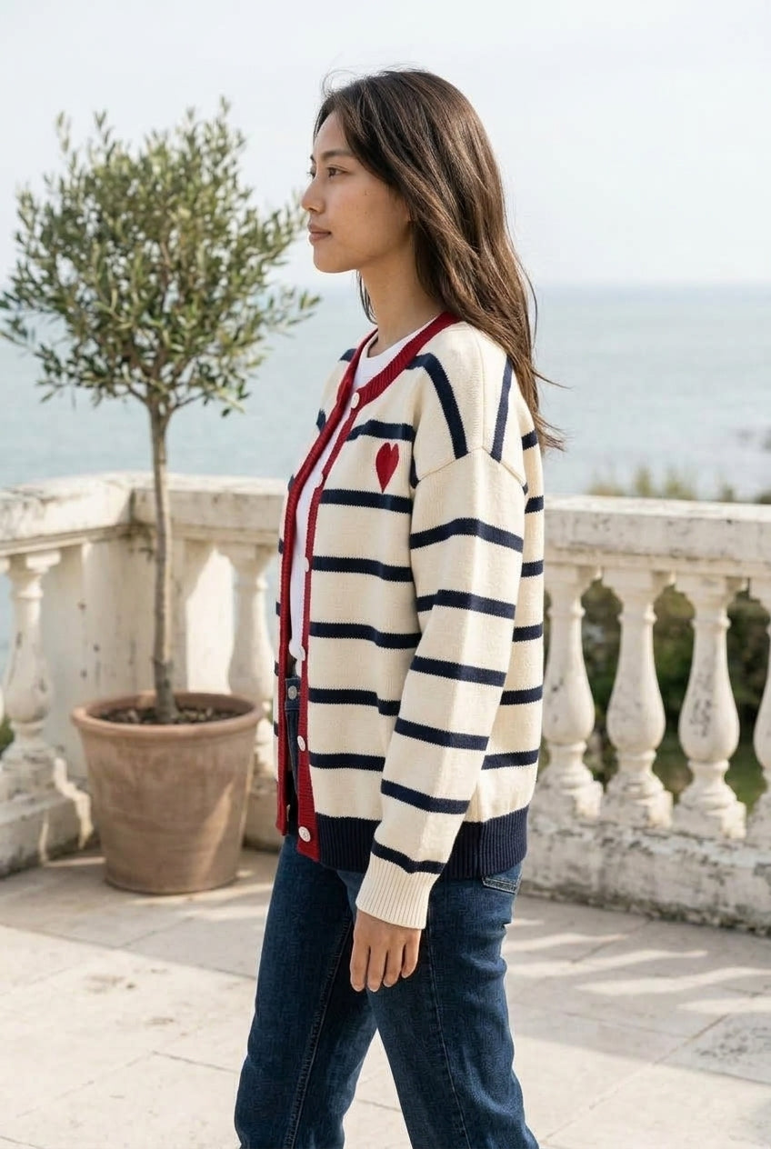 Drora | Striped Heart Pattern Cardigan