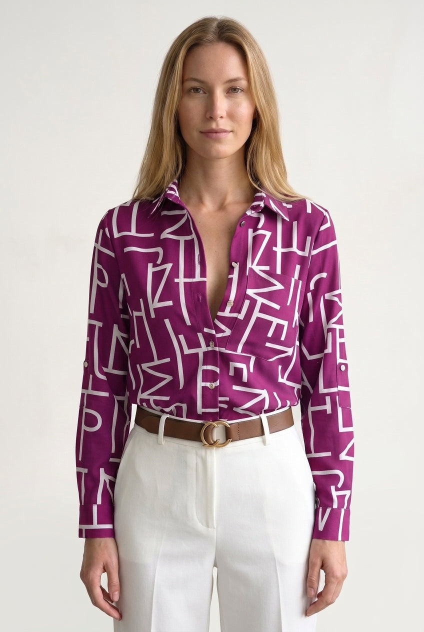 Classic Collared Printed Blouse for Women, Soft Breathable Long-Sleeve, for Work, Office, Casual & Everyday Wear