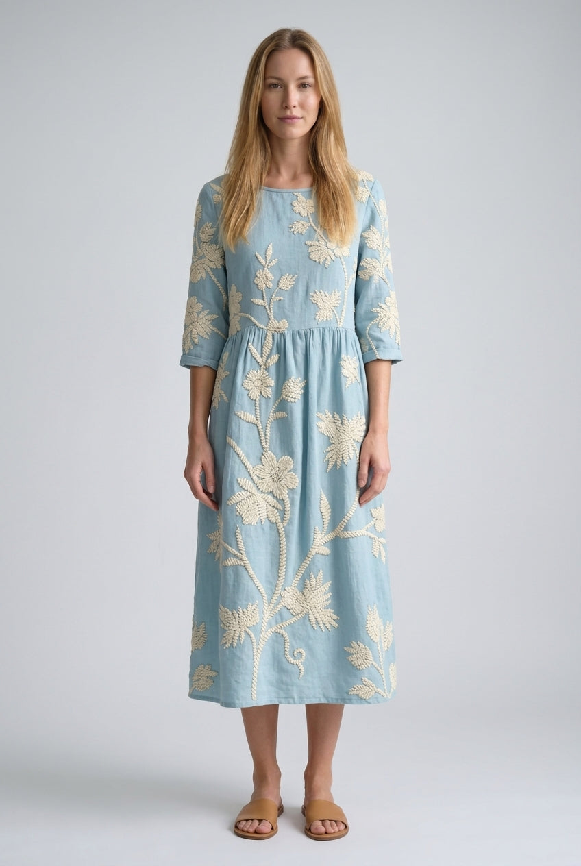 Elegant Floral Midi Dress for Women, Round Neck Linen-Cotton Blend with Embroidered Details, for Summer, Garden Events &