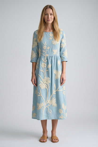Elegant Floral Midi Dress for Women, Round Neck Linen-Cotton Blend with Embroidered Details, for Summer, Garden Events &