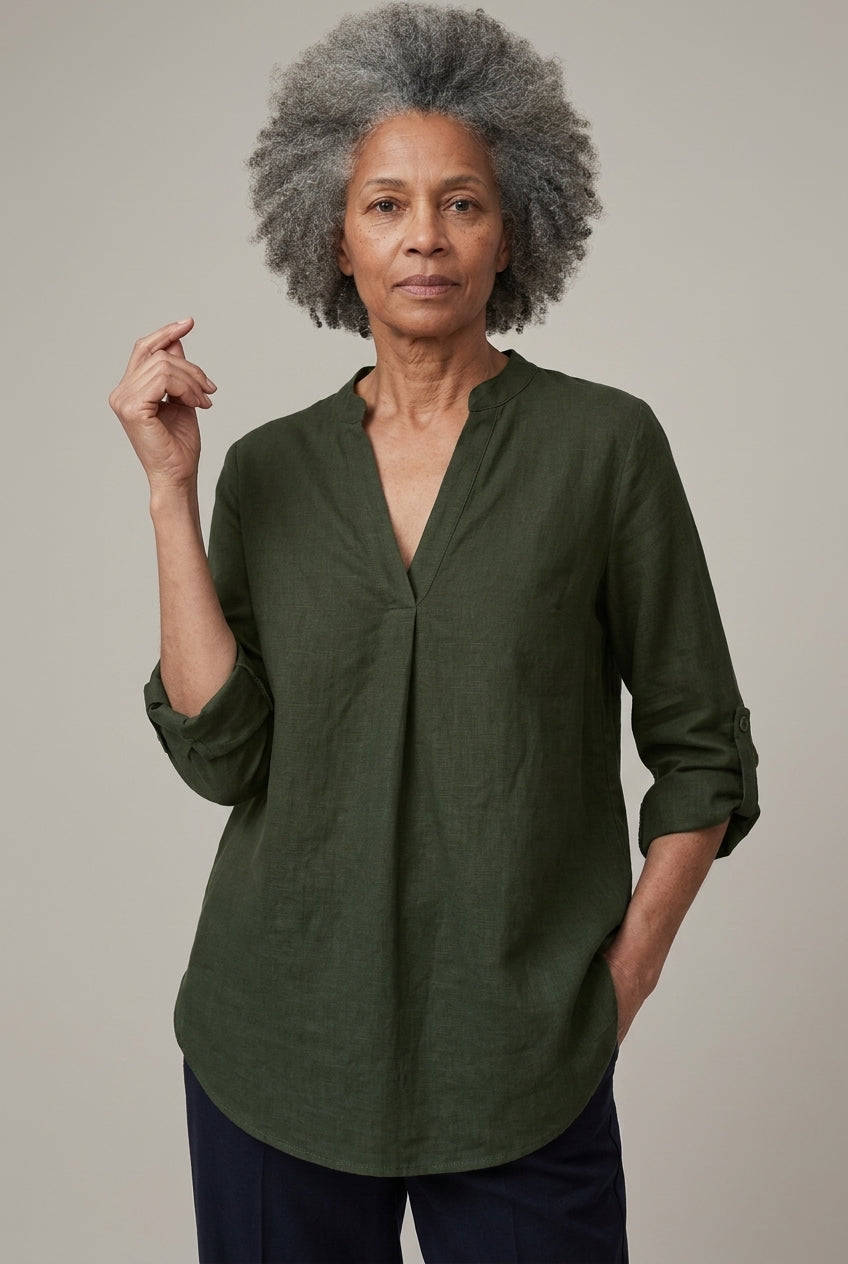 Classic V-Neck Long Sleeve Shirt for Women, Relaxed Tailored Fit Everyday Essential, for Work, Office, Casual & Layering
