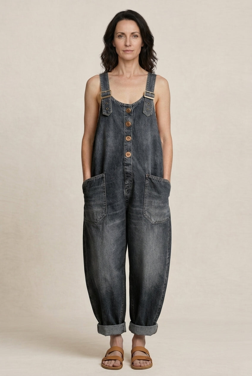 Relaxed Denim Jumpsuit for Women, Soft Long-Sleeve Wide-Leg with Pockets, for Weekend, Casual & Everyday Wear